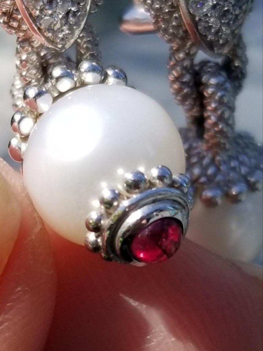 Judith Ripka Sterling Silver CZ Rhinestone Pearl Garnet Dangle Earrings - Picture 3 of 8